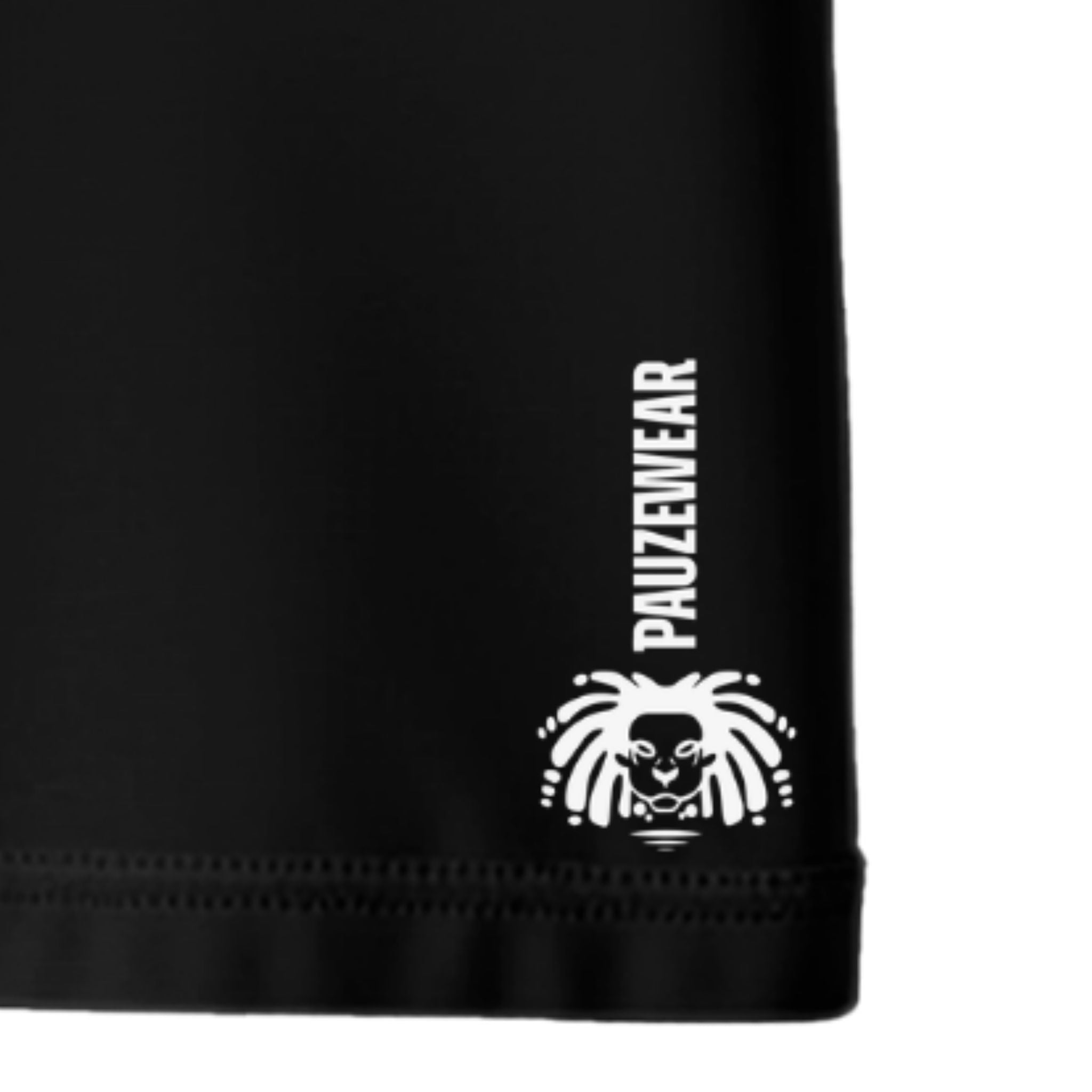 Black t-shirt hem with white logo and text on a white background