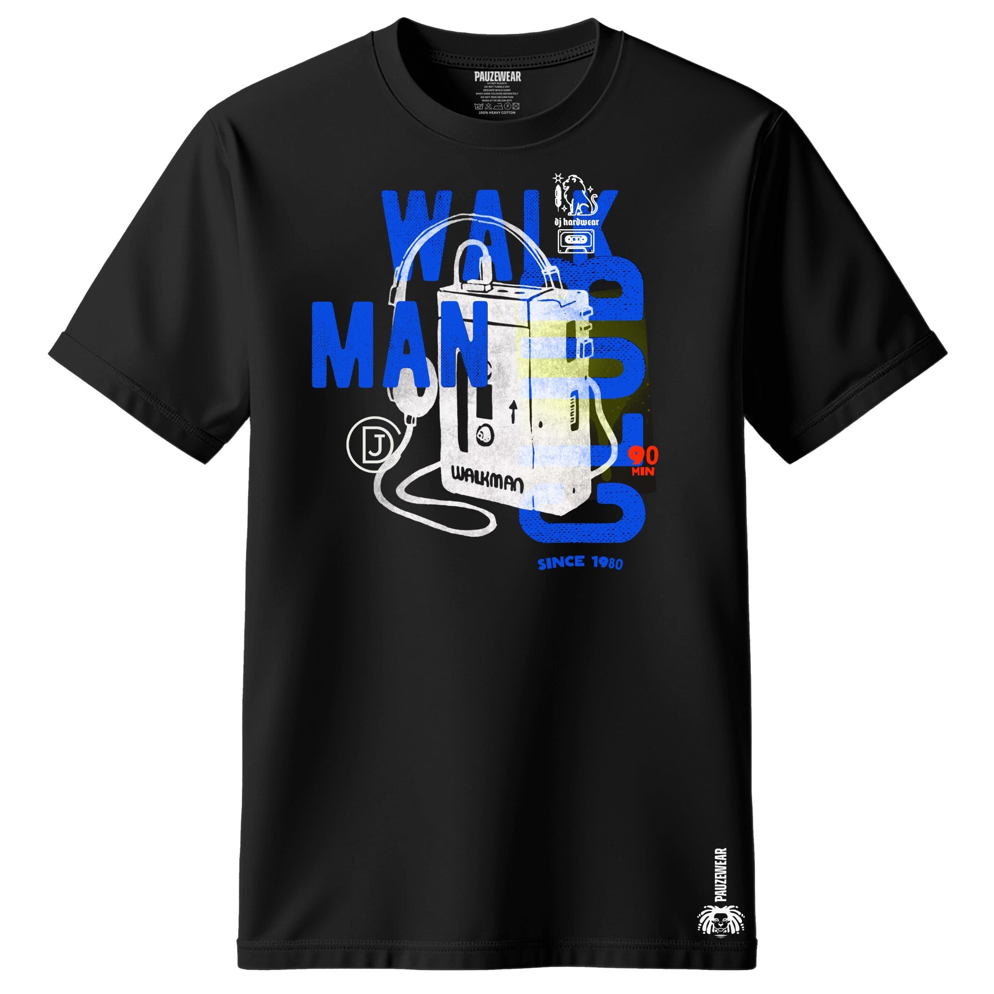 Black t-shirt with a graphic design of a Walkman and text on a white background