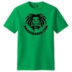Green t-shirt with black pauzeradio logo and text on a white background