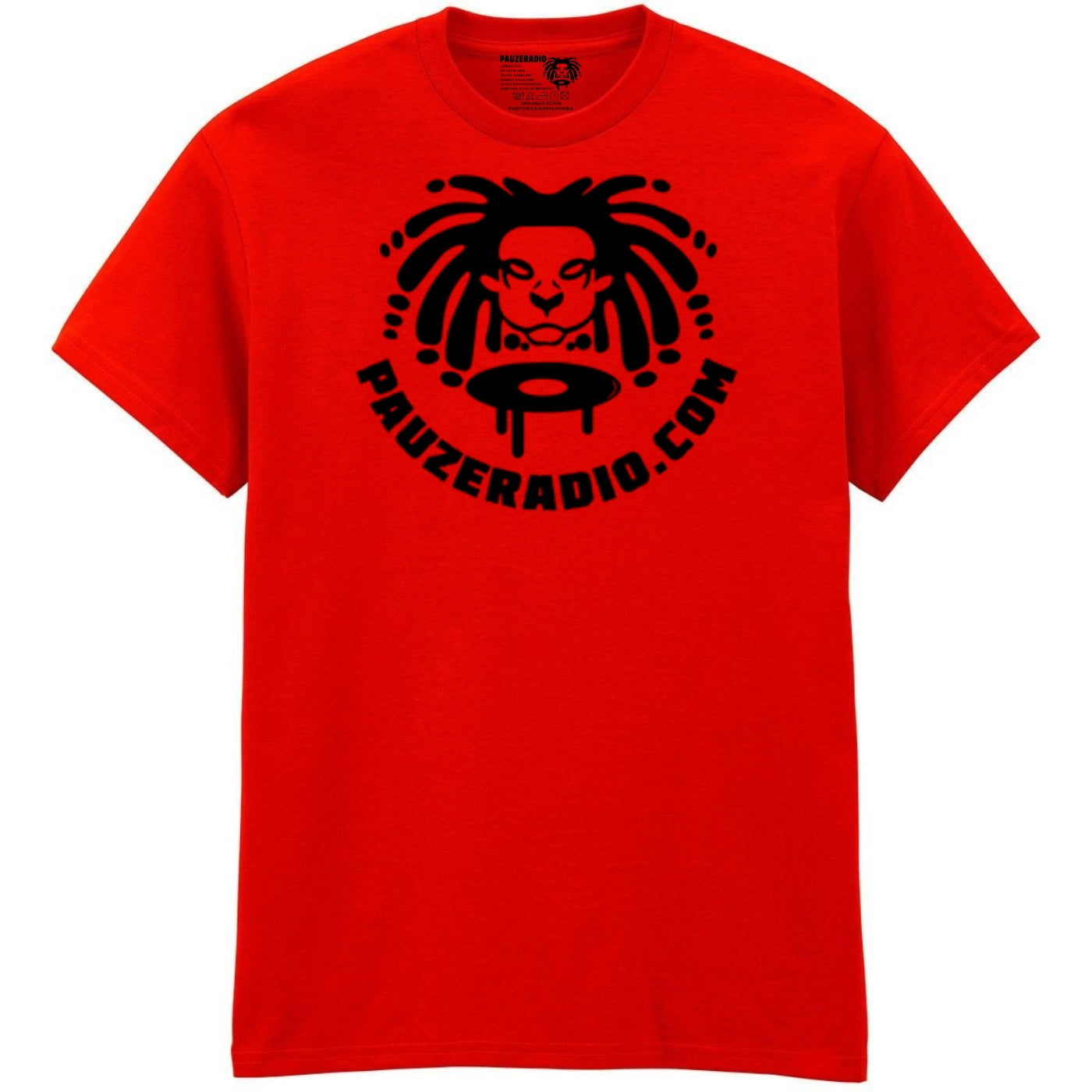 Pauzeradio logo t-shirt red with black lion and DJ turntable graphic on front