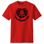 Red t-shirt with black lion graphic and text on a white background