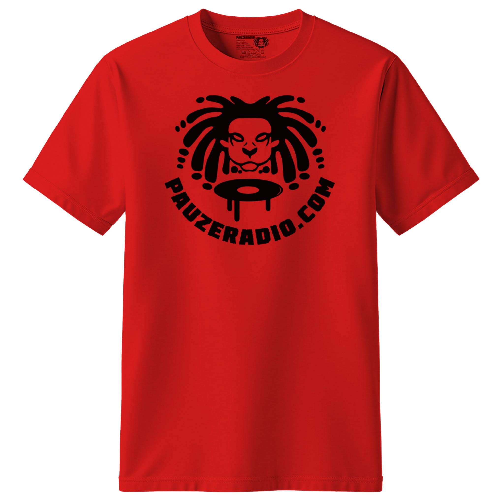 Red t-shirt with black lion graphic and text on a white background