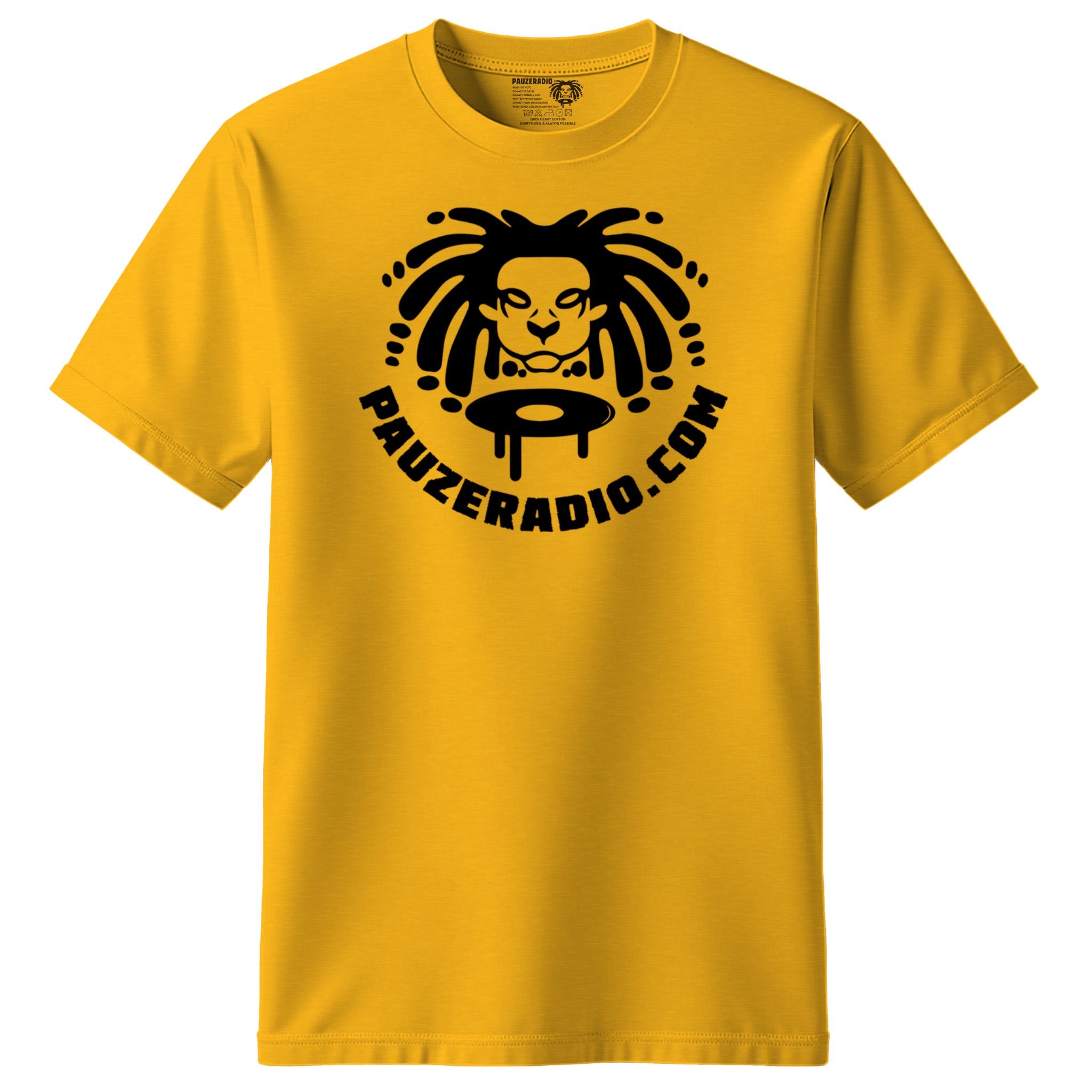 Yellow t-shirt with black pauzeradio logo and text on a white background