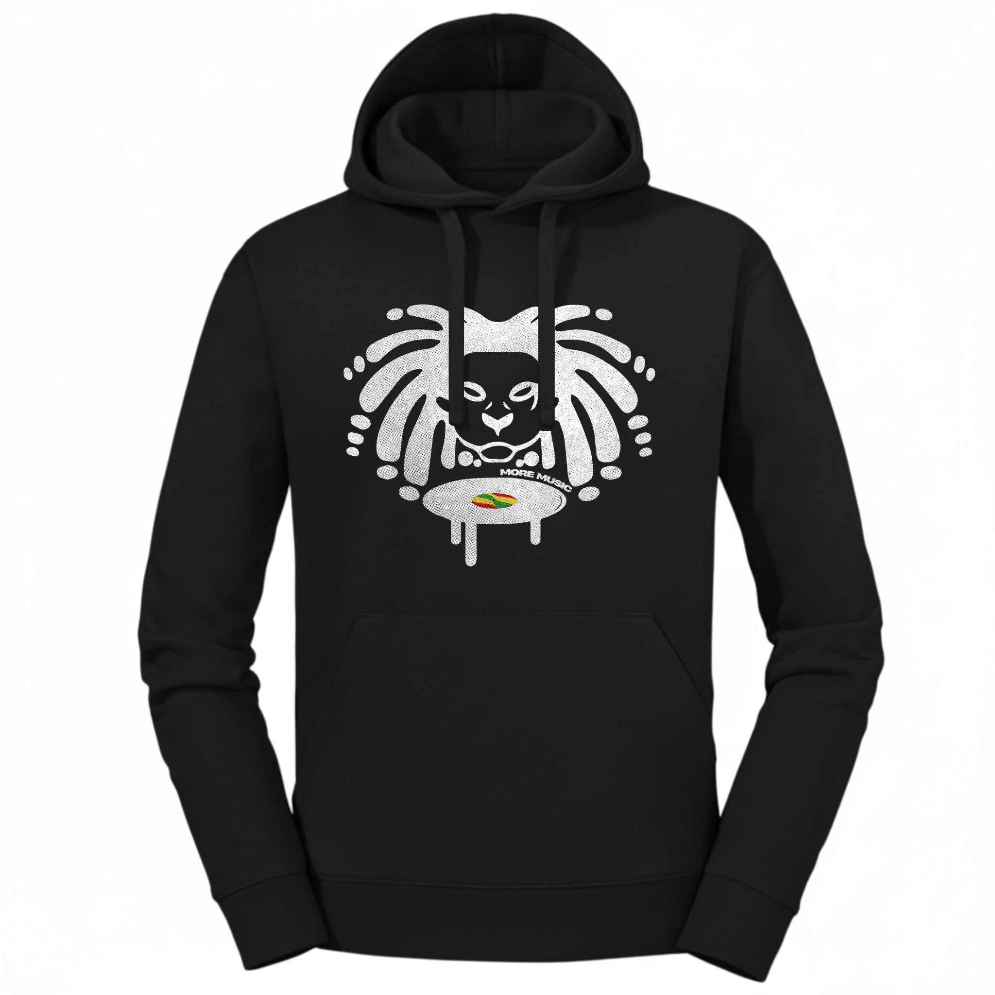 Black hoodie with a white lion graphic design on a white background
