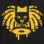 A close-up of a black hoodie featuring a bold yellow graphic of a lions head with dreads and a dripping vinyl record below it.