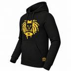 A black hoodie with a large yellow graphic on the chest of a lions face plus a small yellow logo on the lower left hem, shown against a plain white background.