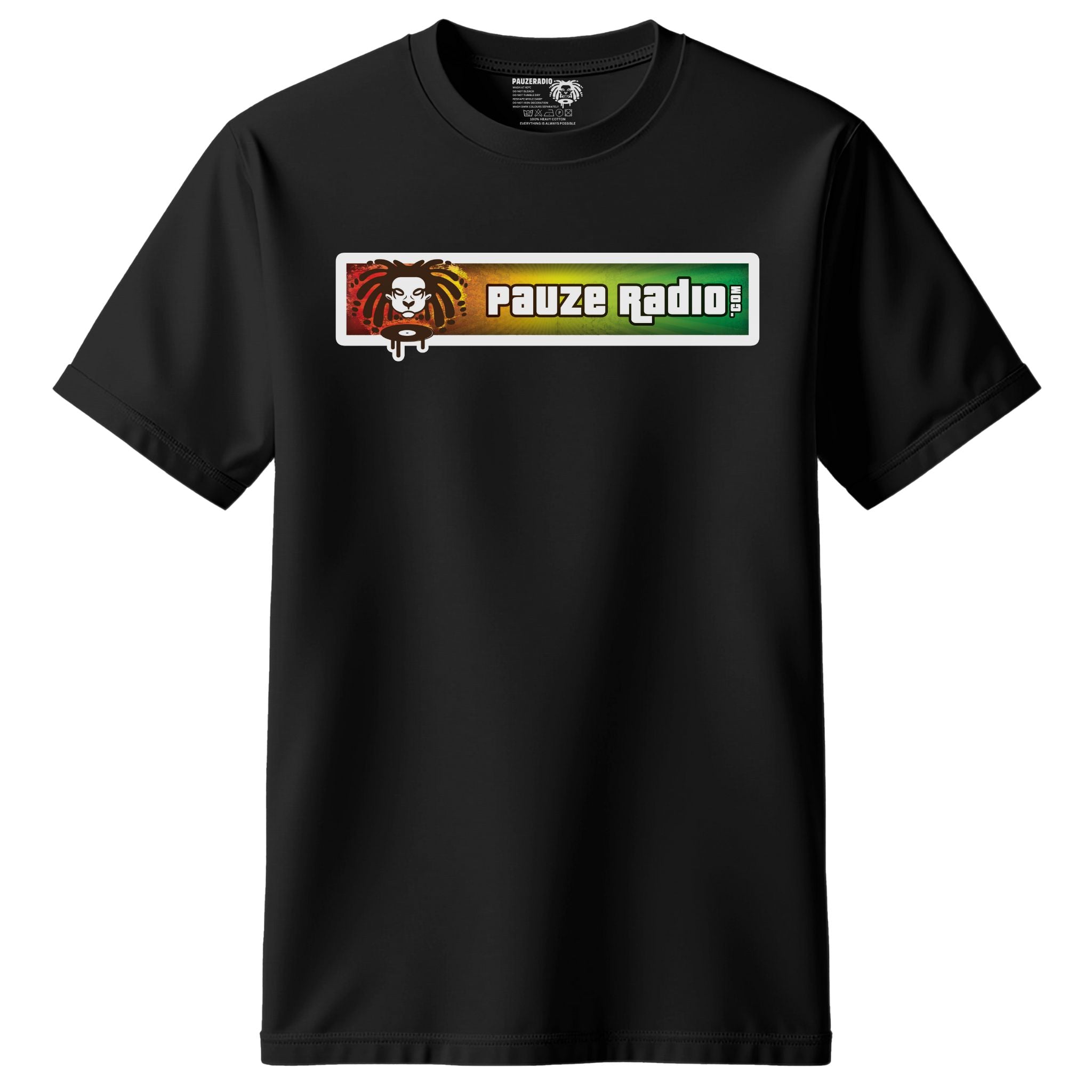 Black t-shirt with colour 'Pauze Radio' logo featuring a lion design on a white background