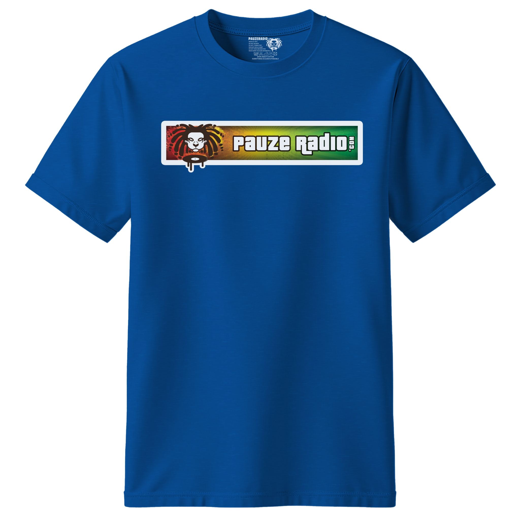 Blue t-shirt with a pauzeradio colour logo and text on a white background