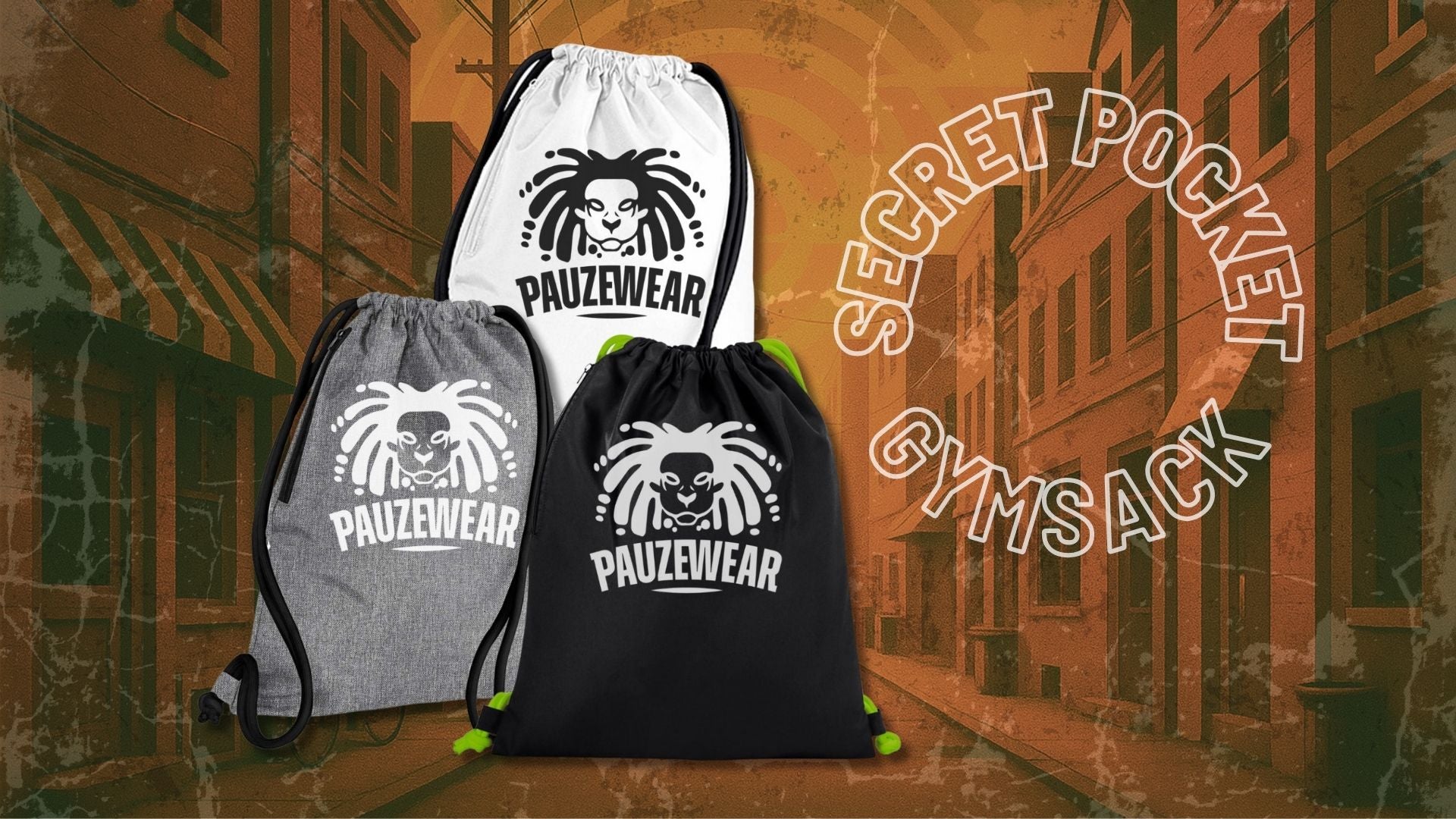 Three drawstring bags with 'PAUZEWEAR' branding on a textured street background.