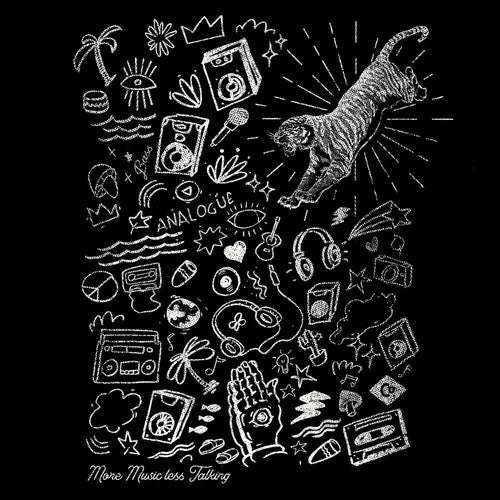 Black and white illustration of a tiger and various music-themed icons on a black background.