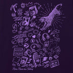 Purple line art design on a blackberry background with various symbols and text.