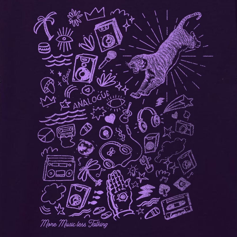 Purple line art design on a blackberry background with various symbols and text.