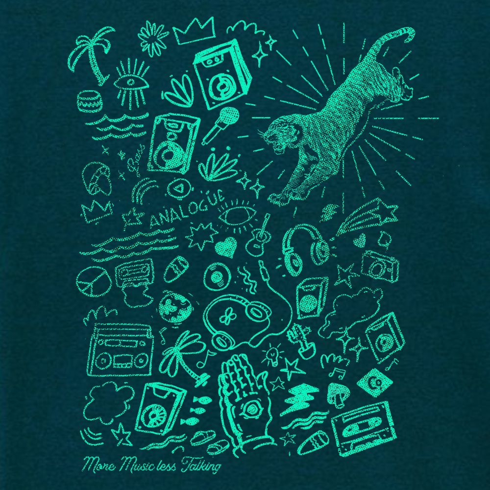 Collection of turquoise artistic line drawings on a dark blue background with 'Analogue' text.