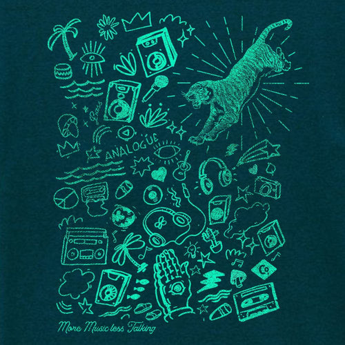 Collection of turquoise artistic line drawings on a dark blue background with 'Analogue' text.