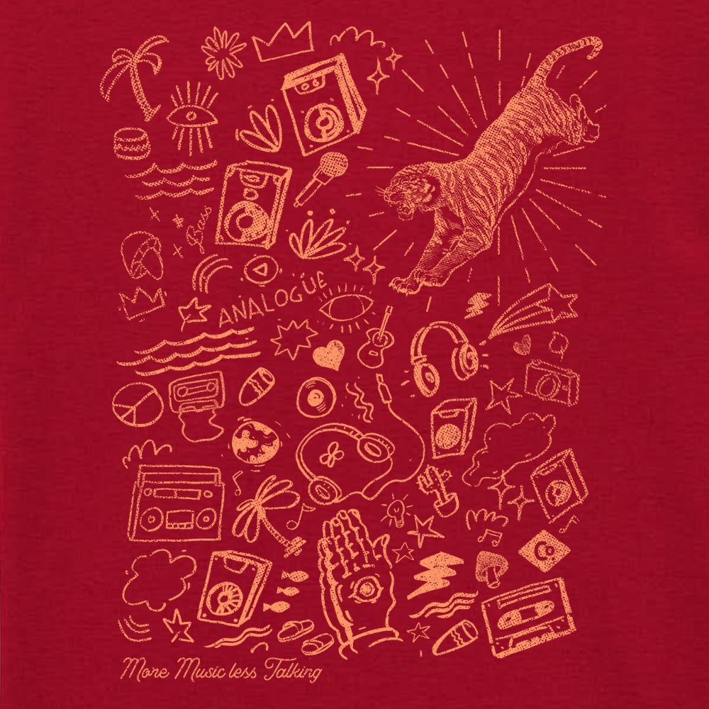 Red t-shirt with orange line art illustrations on a red background