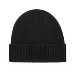 Black knit beanie on a white background