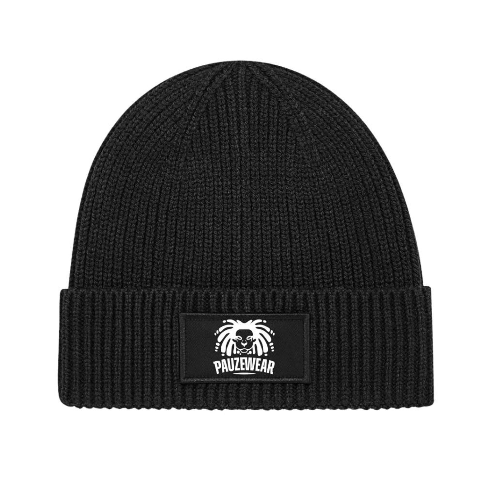 Black beanie with a white pauzewear brand image logo patch on a white background