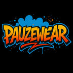 Graffiti-style 'PAUZEWEAR' logo with blue and orange colors on a black background