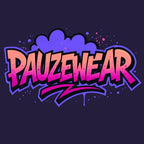 Colorful 'PAUZEWEAR' logo on a dark purple background