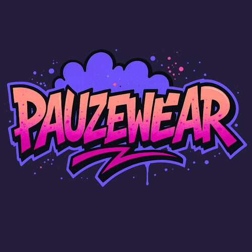 Colorful 'PAUZEWEAR' logo on a dark purple background