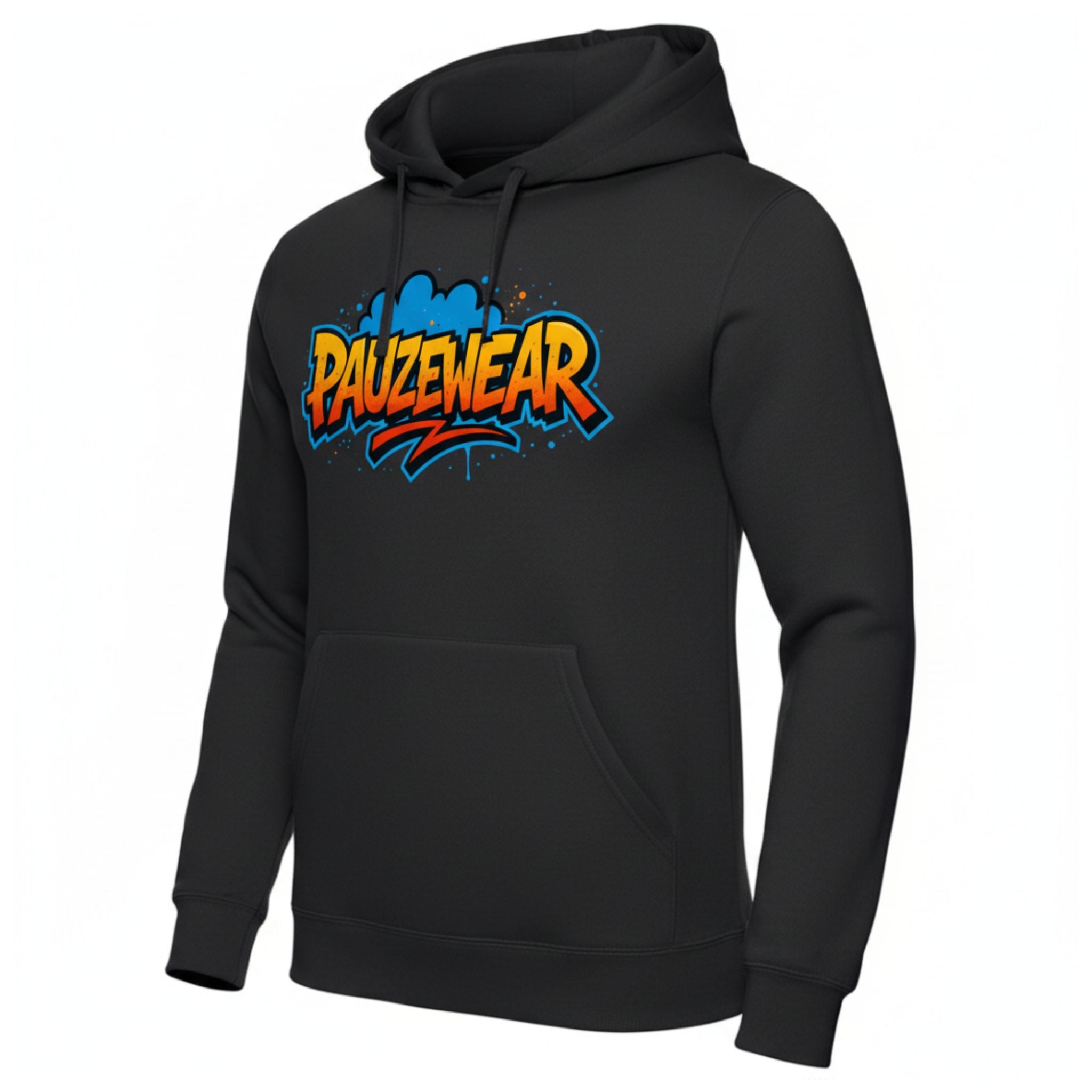 Black hoodie with colorful 'PAUZEWEAR' logo on a white background