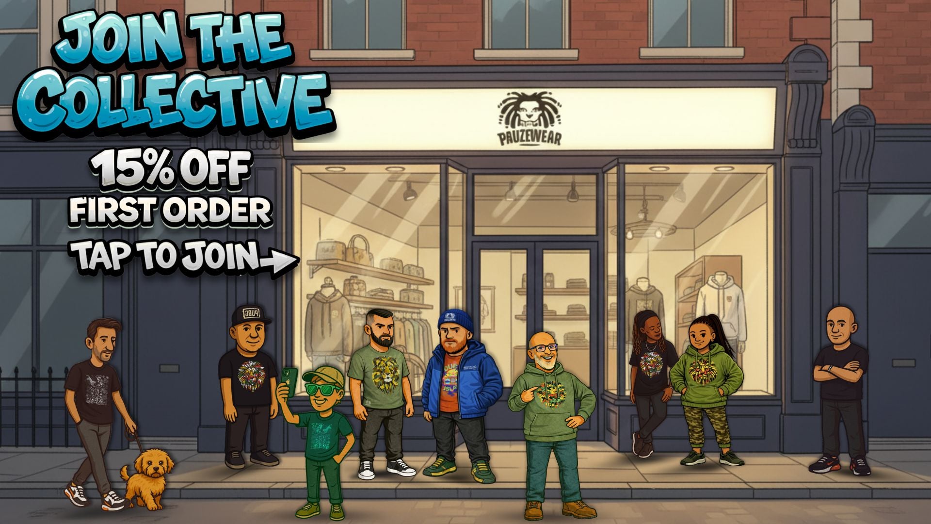 Cartoon characters standing in front of a store with promotional text for 'Join the Collective'.