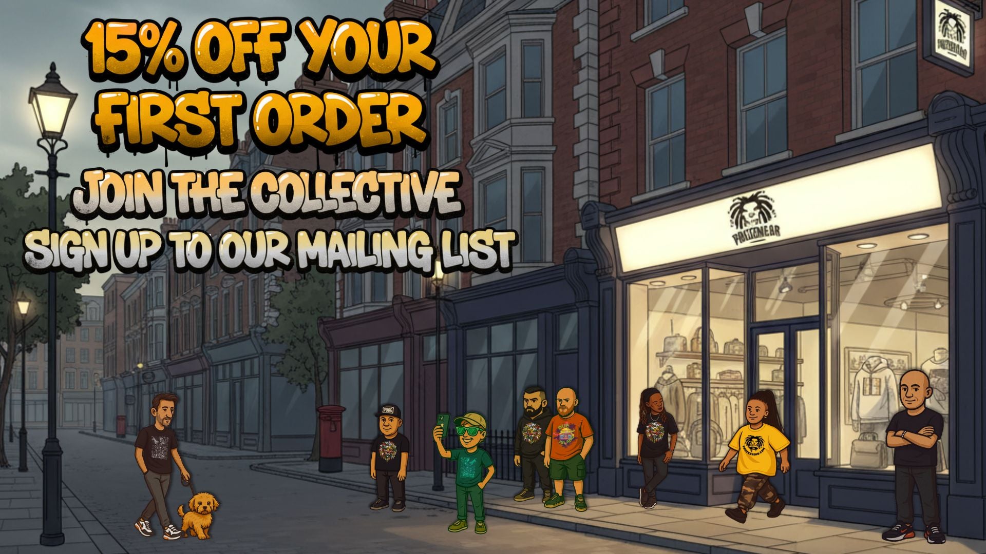 Cartoon-style street scene with people and a store, featuring promotional text for a discount offer.