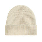 Beige knit beanie on a white background
