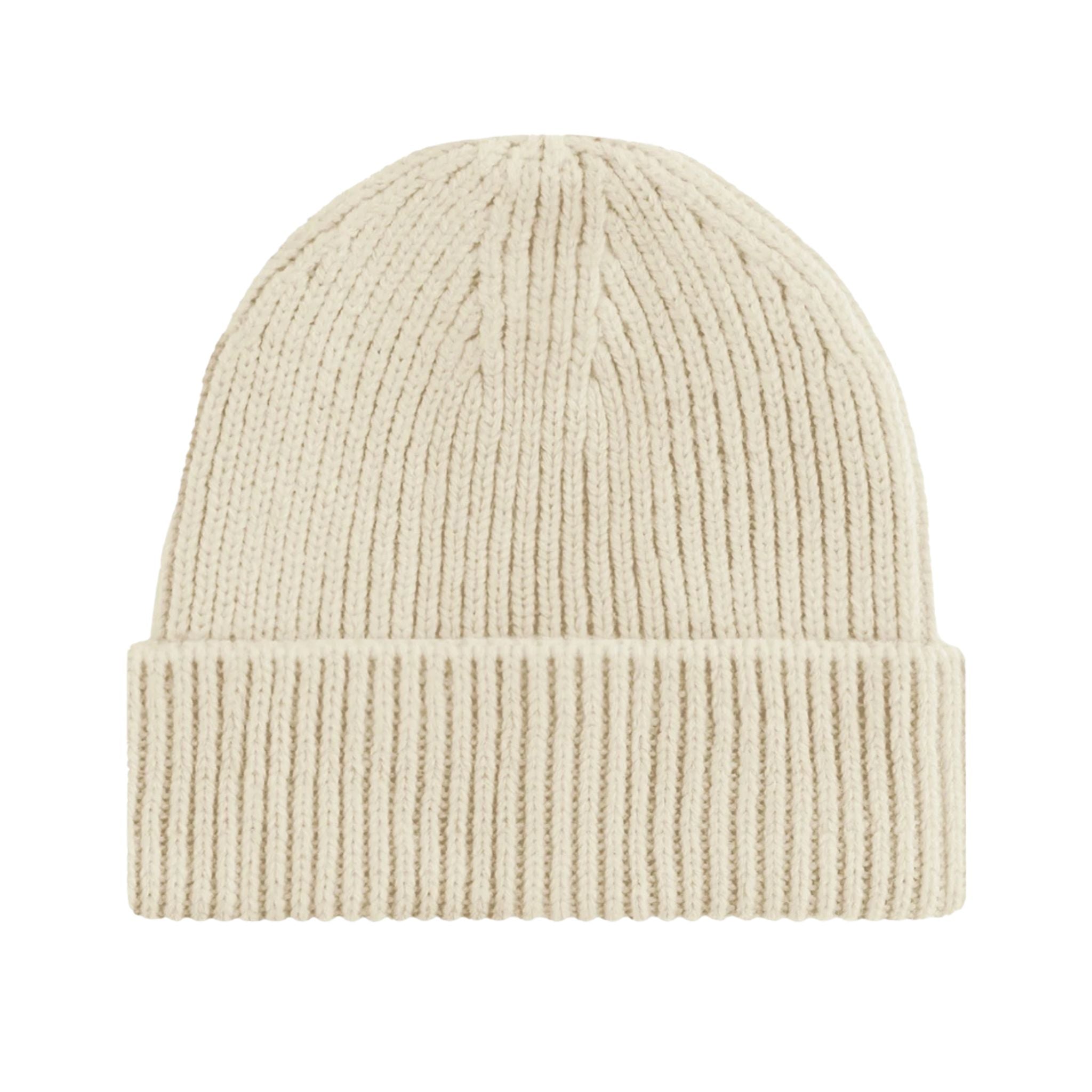 Beige knit beanie on a white background