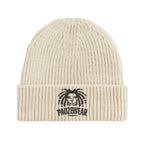 Beige beanie with a logo on a white background