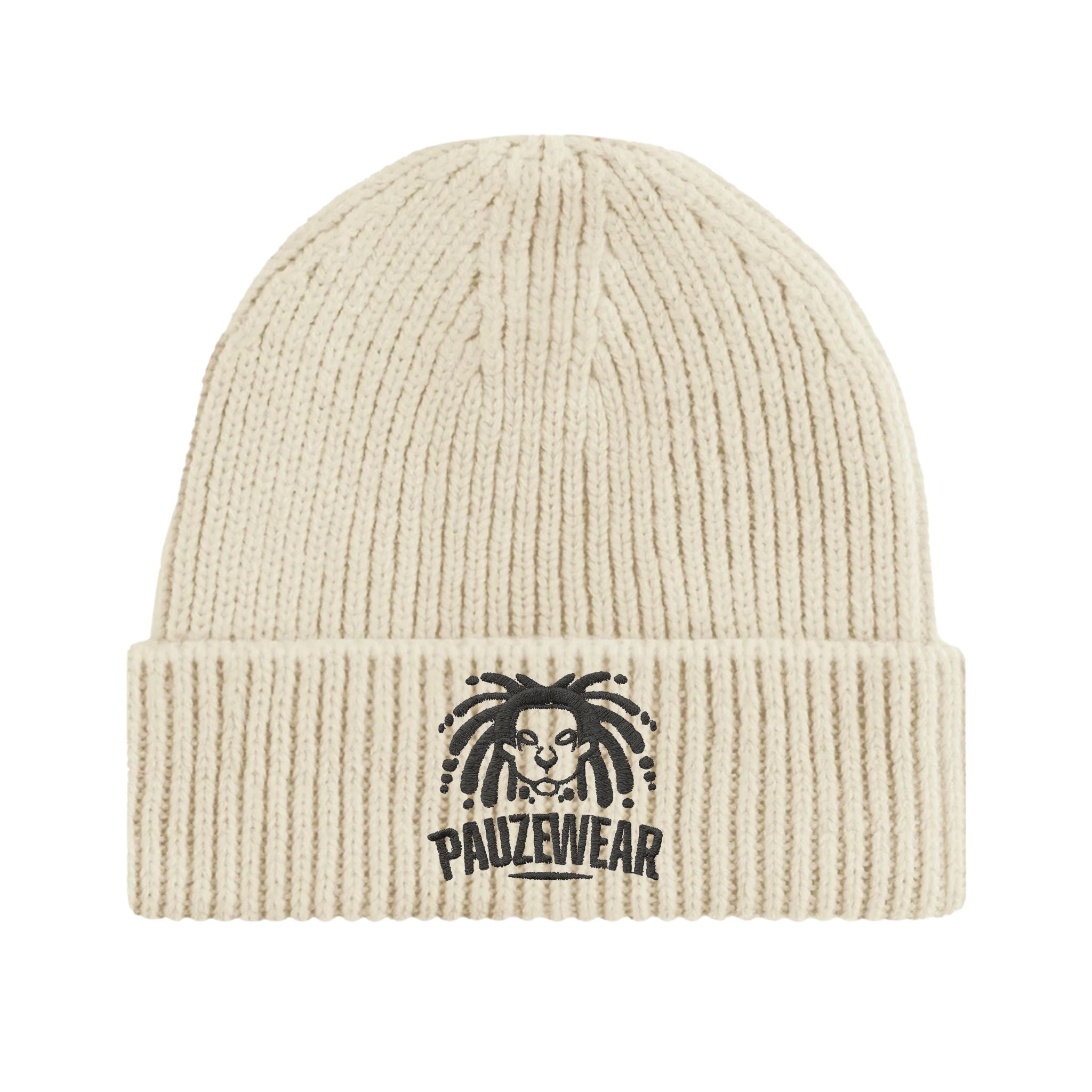Beige beanie with a logo on a white background