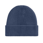Blue knit beanie on a white background