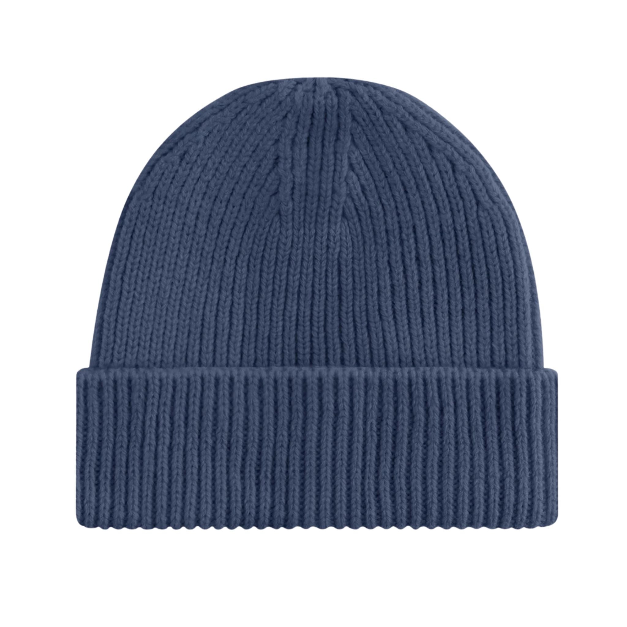Blue knit beanie on a white background