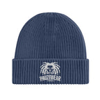 Blue beanie with white logo and text on a white background