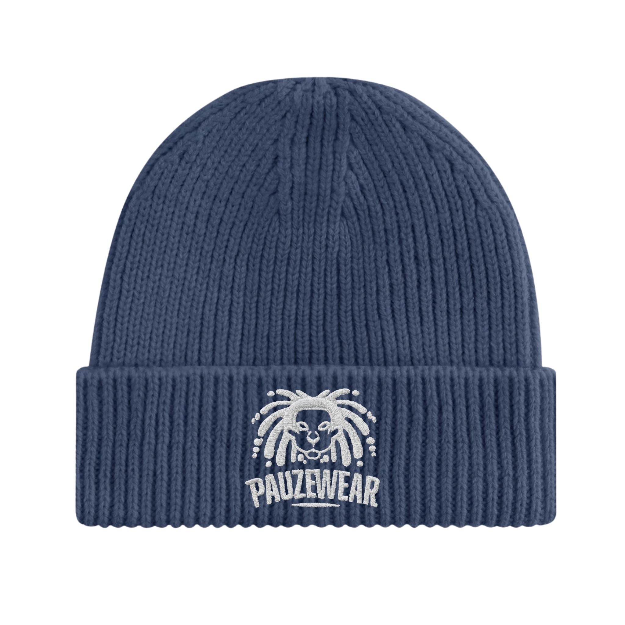 Blue beanie with white logo and text on a white background