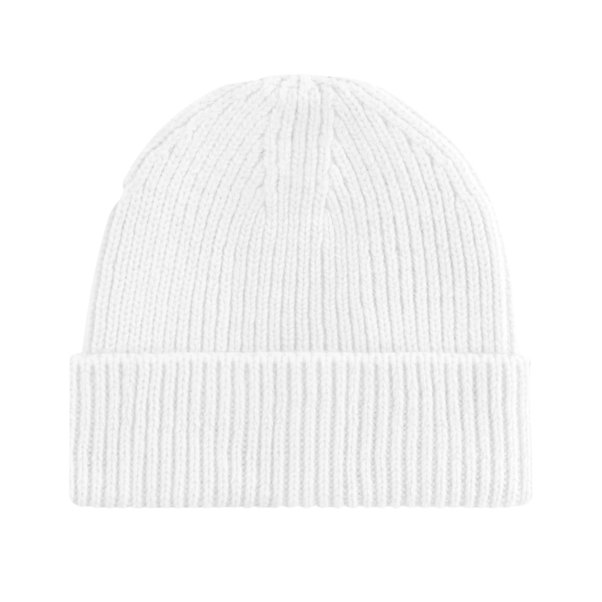 White knit beanie on a white background