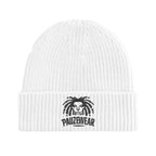 White beanie with black logo and text on a white background