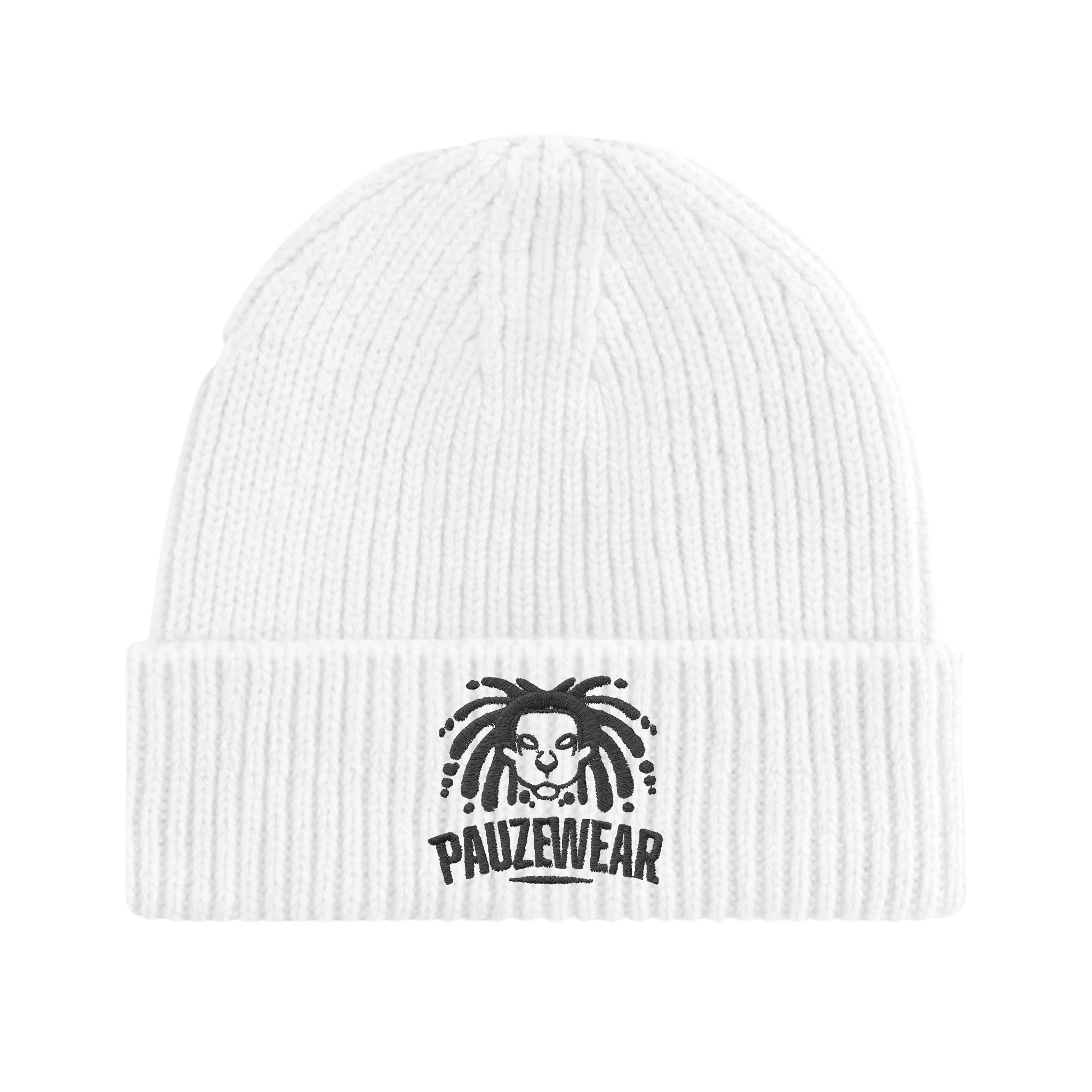 White beanie with black logo and text on a white background