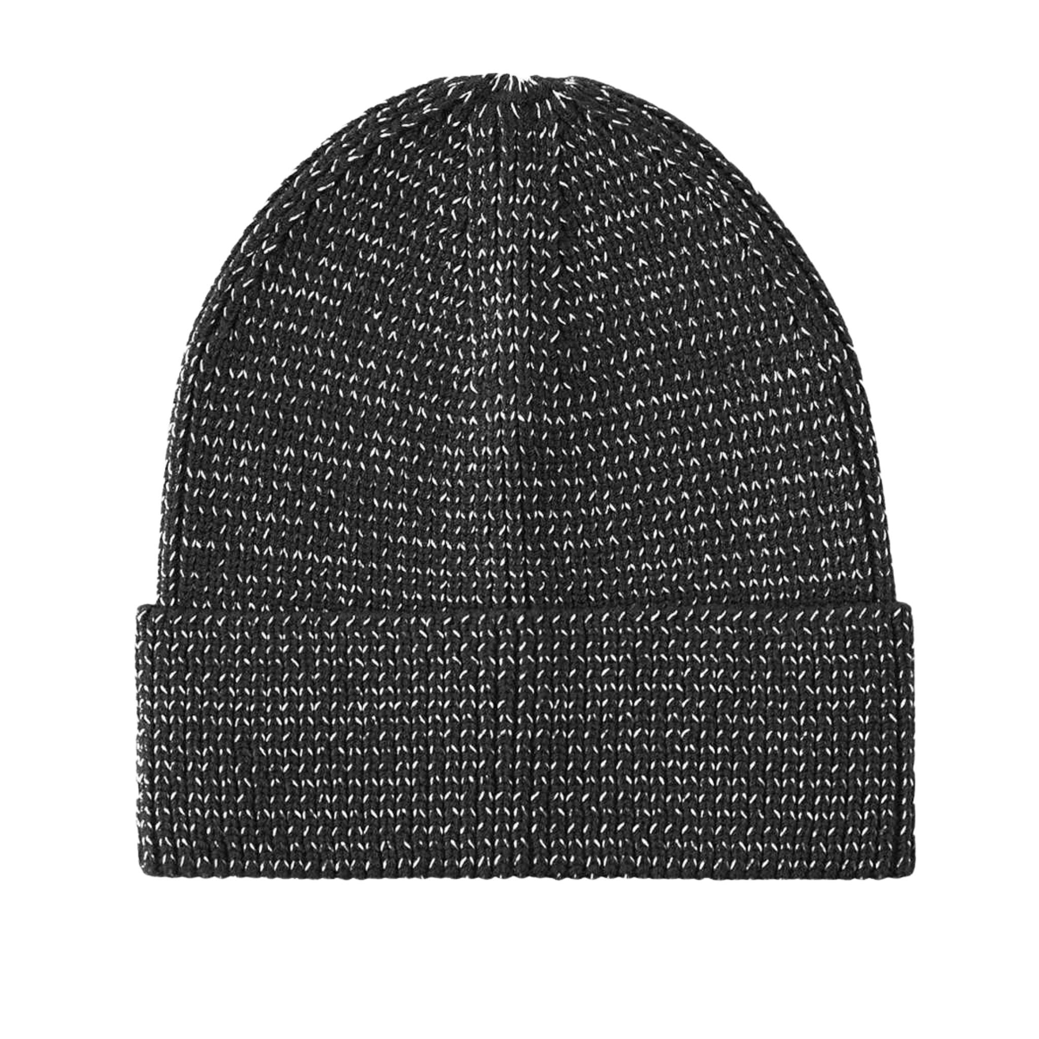 Black reflective knit beanie on a white background