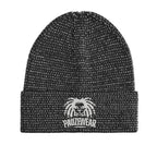 Black reflective knit beanie with a logo on a white background