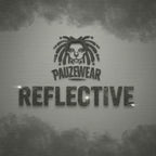 Pauzewear reflective text and logo on a textured background