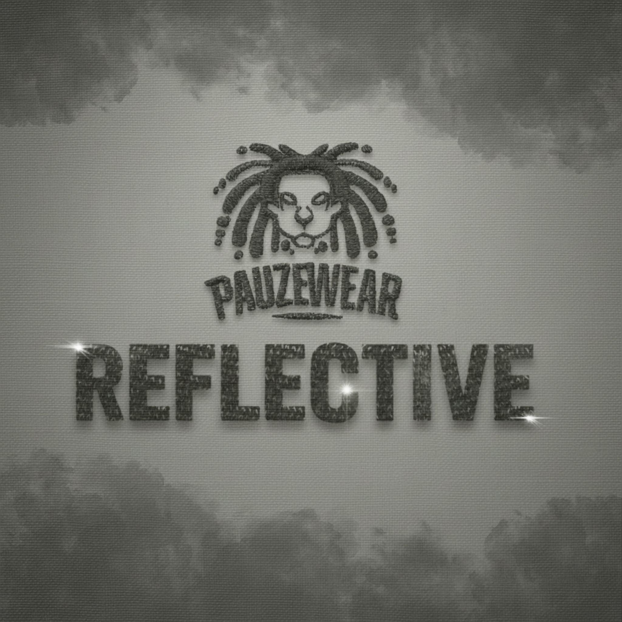 Pauzewear reflective text and logo on a textured background