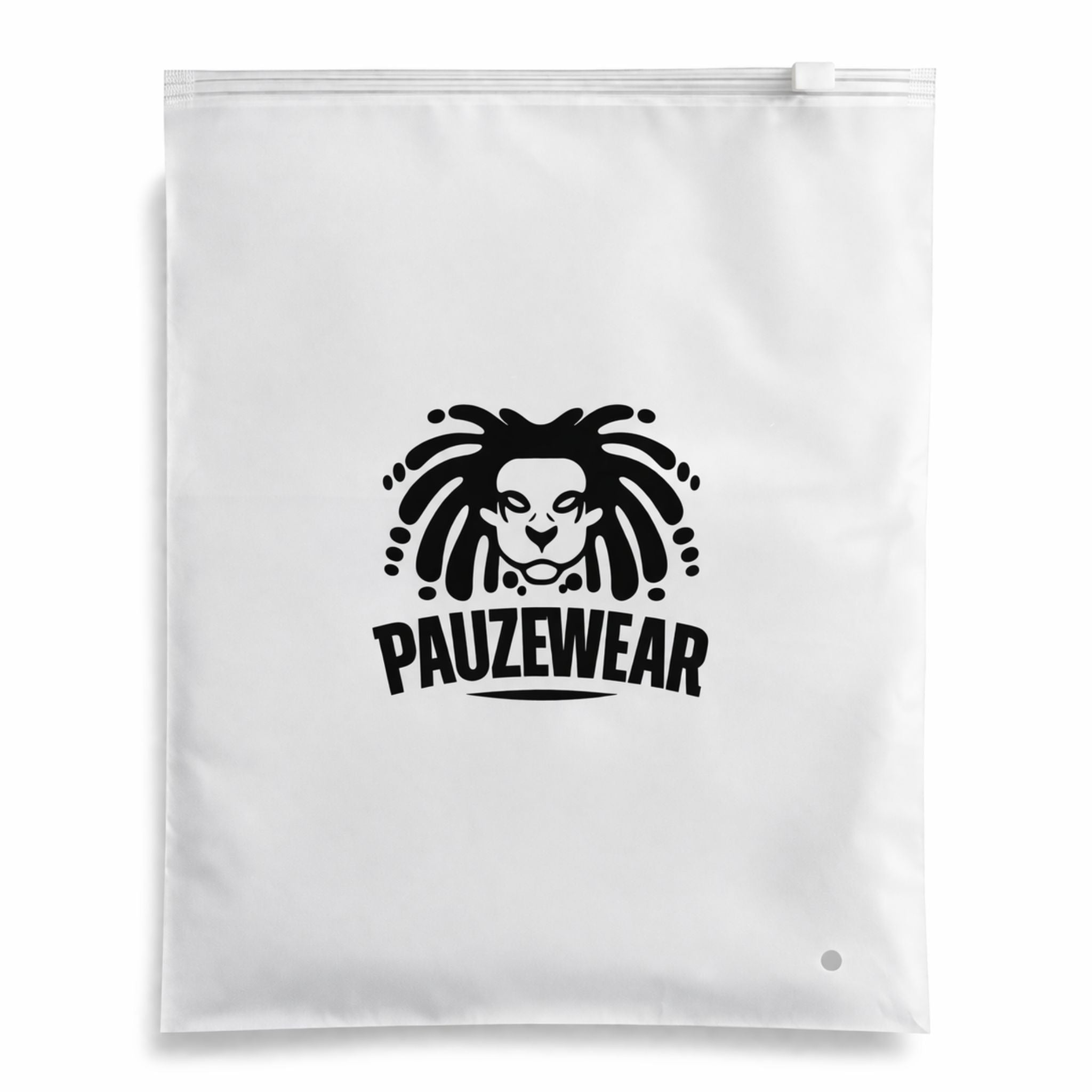 Frosted zip lock bag with black 'PAUZEWEAR' logo on a white background