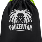Black drawstring bag with white logo and text 'PAUZEWEAR' on a white background