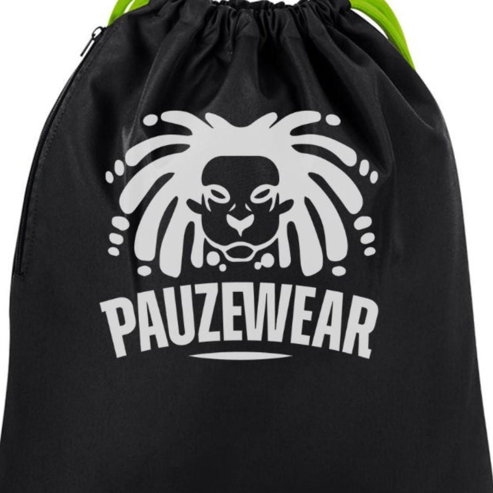 Black drawstring bag with white logo and text 'PAUZEWEAR' on a white background