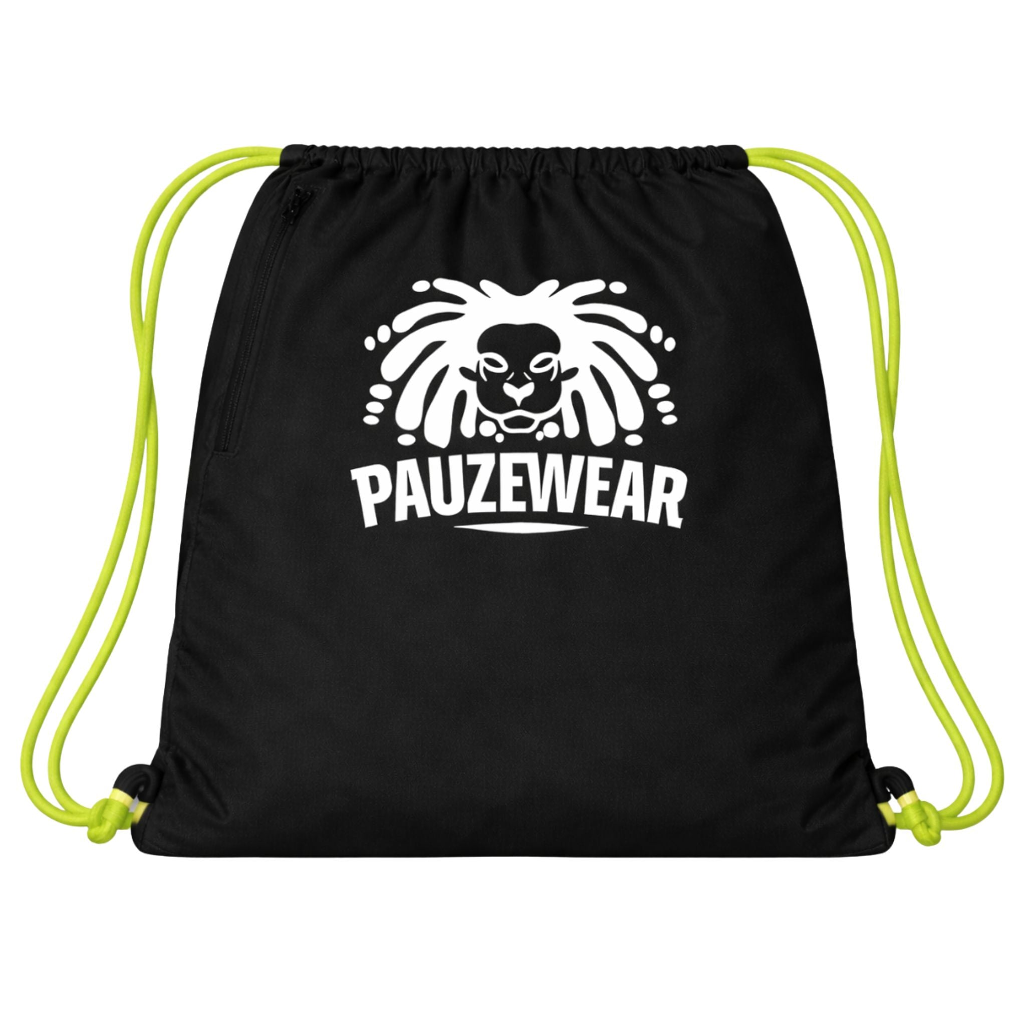 Black drawstring bag with 'PAUZEWEAR' logo on a white background