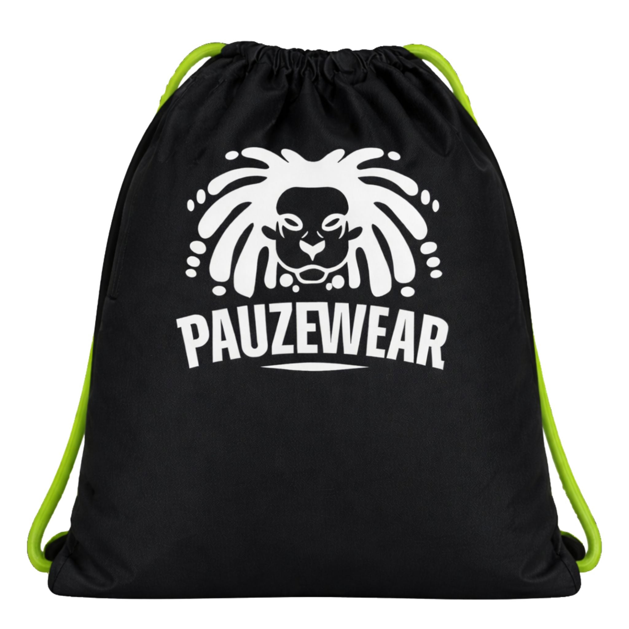 Black drawstring bag with white logo and text on a white background