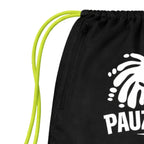 Black drawstring bag with a white logo on a white background