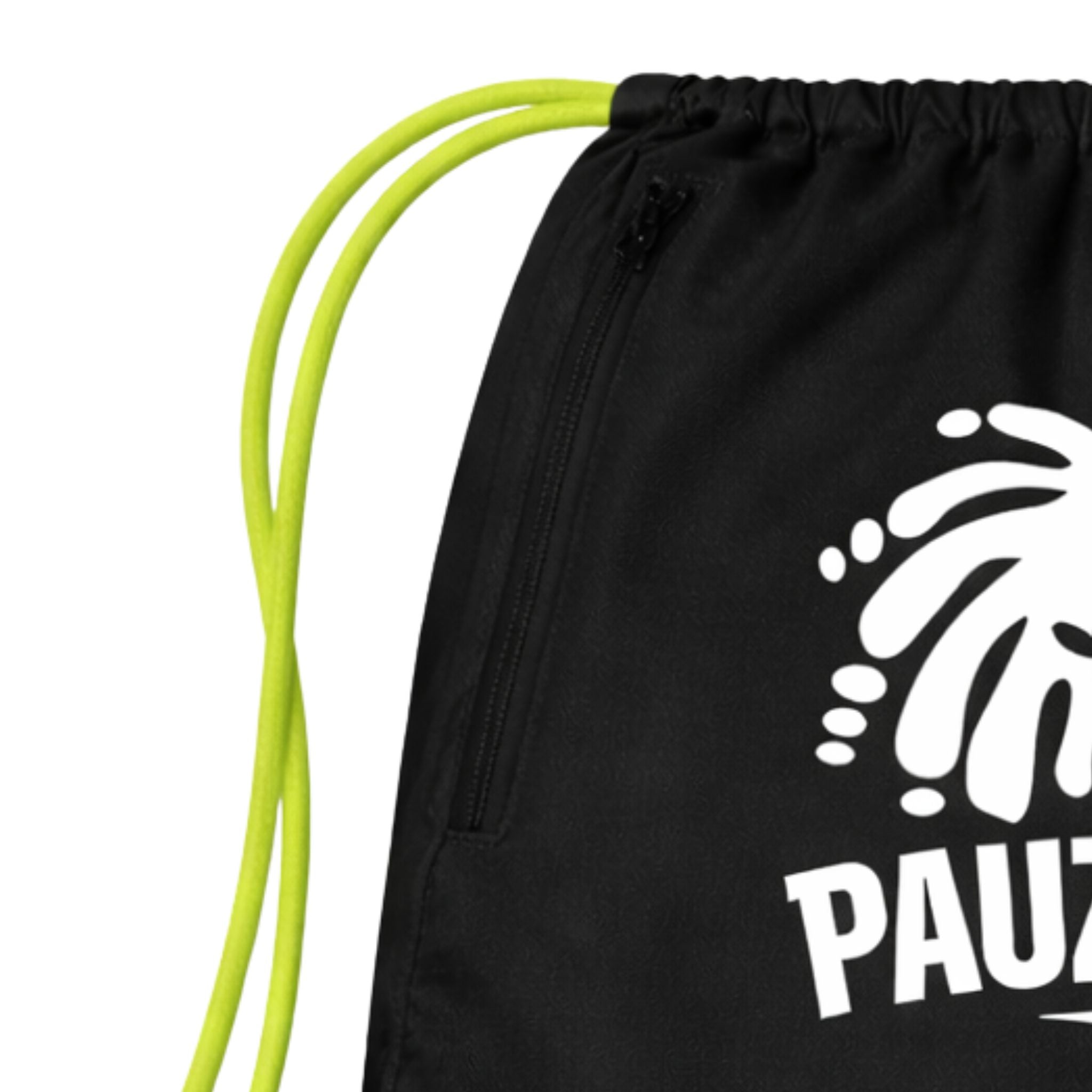 Black drawstring bag with a white logo on a white background
