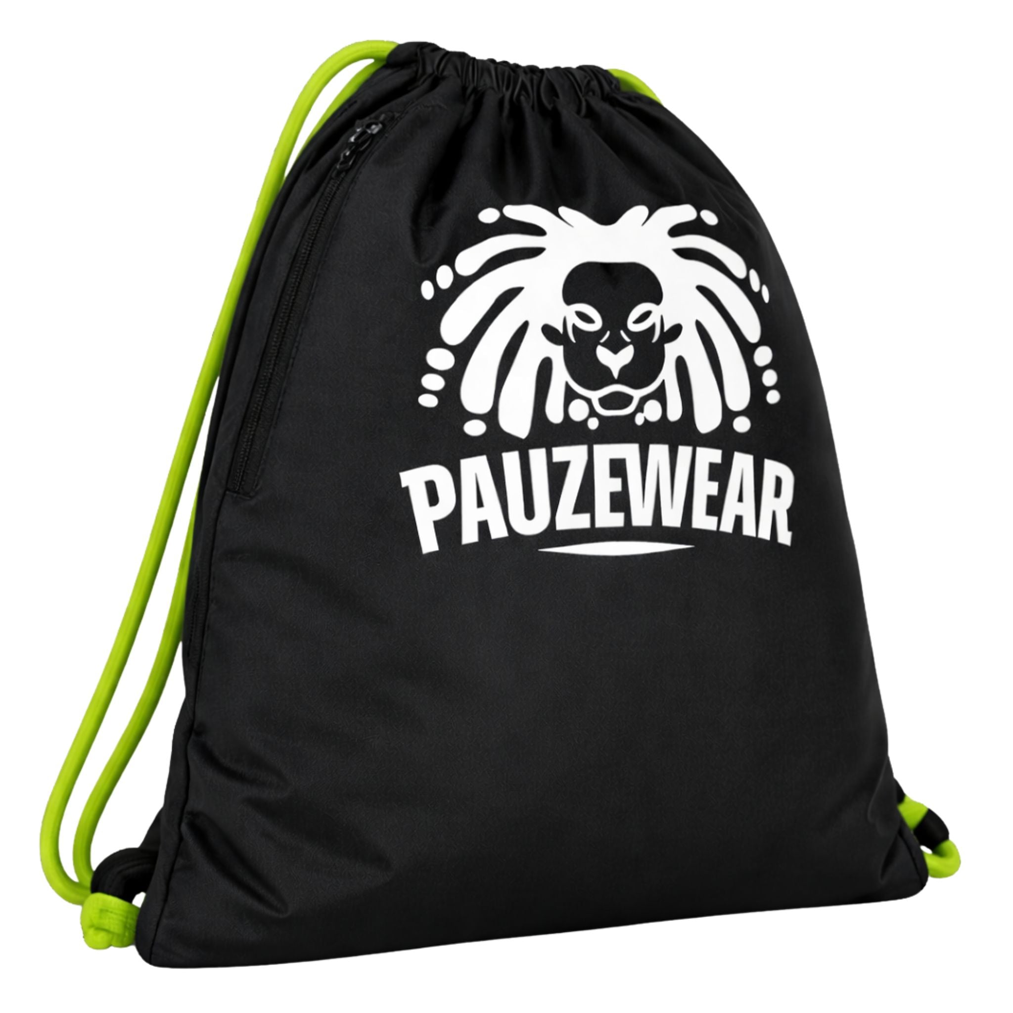 Black drawstring bag with white lion logo and 'PAUZEWEAR' text on a white background